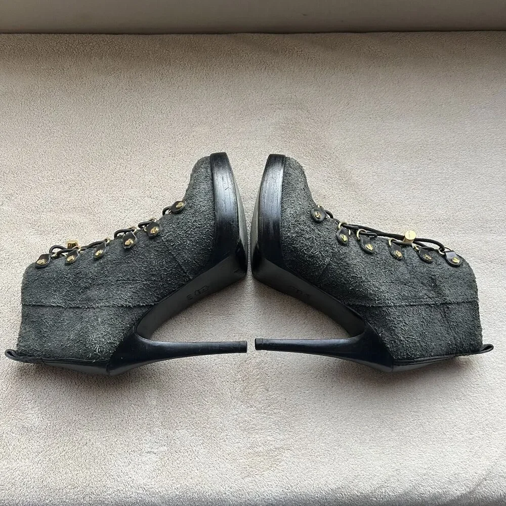 Tory Burch Hamila Dark Gray Distressed Suede Lace Up High Heel Booties Women 6.5